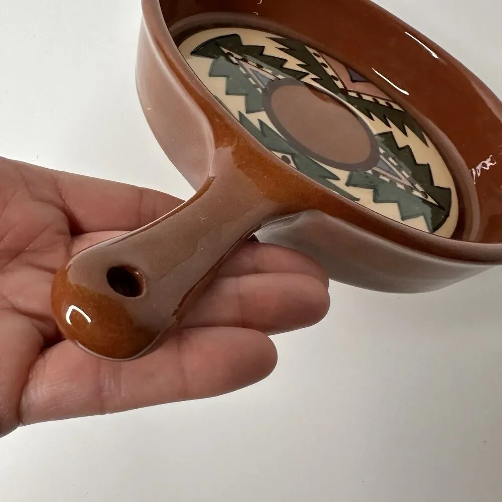 Southwest Style Glazed Pottery Skillet Studio Art Signed Folk Art Decor Handmade